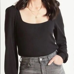 Z Supply Black Long Sleeve Blouse Large Ribbed Stretch Puff Sleeve